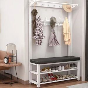 Pepita White Hall Tree with Shoe Storage Bench and Coat Rack - Furniture