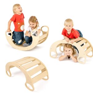 Pepita Montessori placă de echilibru din lemn, copii care se joacă, balansoar și tunel 