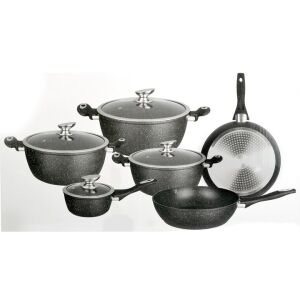Silver Royal SR-2010 Set de vase de gătit din granit, 10 piese, cu oale, tigăi și capace de sticlă - Veselă