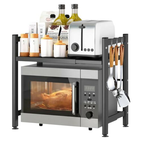 Едноетажен разтегателен държач за микровълнова печка с кухненски прибори, регулируем метален рафт, решение за съхранение в кухнята.