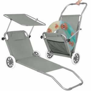 Springos szürke összecsukható napozóágy kerekekkel és napellenzővel, strand szék - Napozóágy & Nyugágy