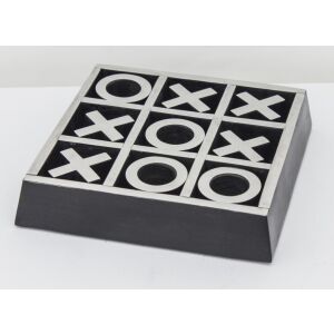 Tic-Tac-Toe táblajáték fa-fém makett ezüst-fekete asztali dekoráció 4x17,5x17,5cm