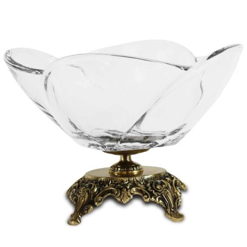 Masszív vastag fodros üveg bonbonier tál barokkos aranysárga míves sárgaréz talpon 18x22,5x22,5cm 137120594