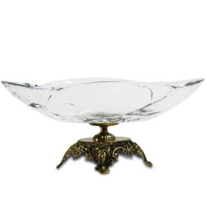 Masszív vastag fodros üveg bonbonier tál barokkos aranysárga míves sárgaréz talpon 14x33x23cm 137121506 - Tálalás