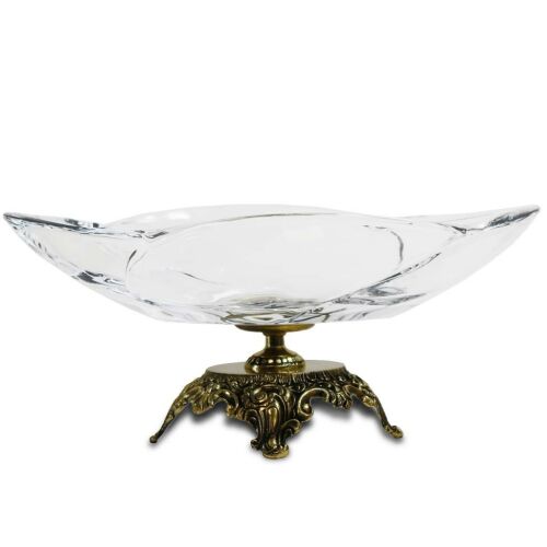 Masszív vastag fodros üveg bonbonier tál barokkos aranysárga míves sárgaréz talpon 14x33x23cm 137121506