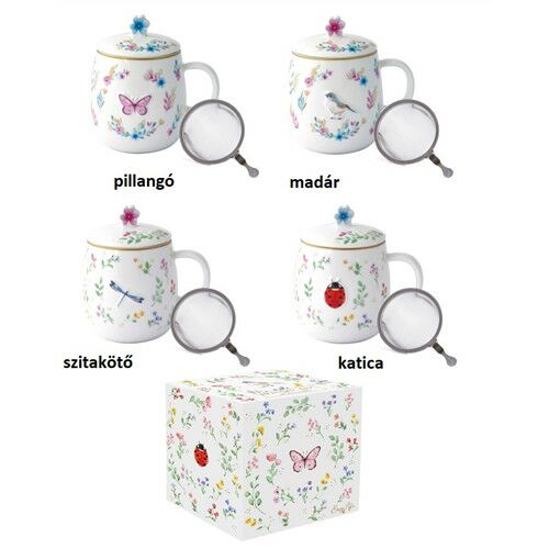 Porcelán szűrősbögre tetővel, 450ml, dobozban, Fancy Garden 137121560