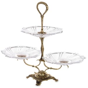 Sárgaréz 3 emeletes üveg kínáló tálca állvány barokkos talprésszel fogantyúval 35x37x18cm 137121931 - Tálalás