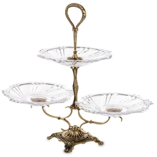 Sárgaréz 3 emeletes üveg kínáló tálca állvány barokkos talprésszel fogantyúval 35x37x18cm 137121931