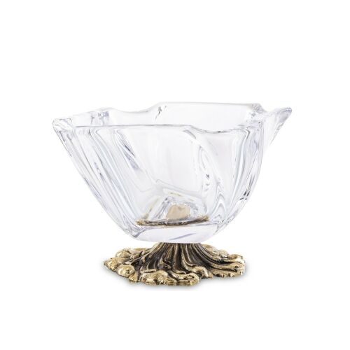 Vastag üvegtálka bonbonier masszív míves sárgaréz talppal 9x12,5x11,5cm 137122464