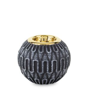 Modern design szürke dombormintás gömb alakú kerámia gyertyatartó arany szegélyes 8,5x10x10cm