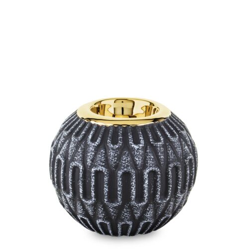 Modern design szürke dombormintás gömb alakú kerámia gyertyatartó arany szegélyes 8,5x10x10cm 137123131