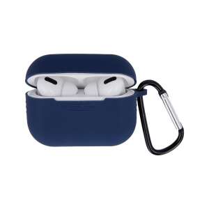 Dark blue silicone case for Apple AirPods Pro with a carabiner, showing the AirPods Pro inside - Headset Accessory