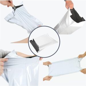 Koláž bielych kuriérskych obálok Futártasak, ktoré sa naťahujú a manipulujú - Sáčky a vrecká do domácnosti