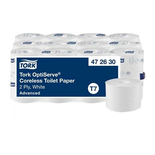 Toalettpapír, belsőmag nélküli, T7 rendszer, 2 rétegű, 13,1 cm átmérő, Advanced, TORK "OptiServe", fehér 137190071