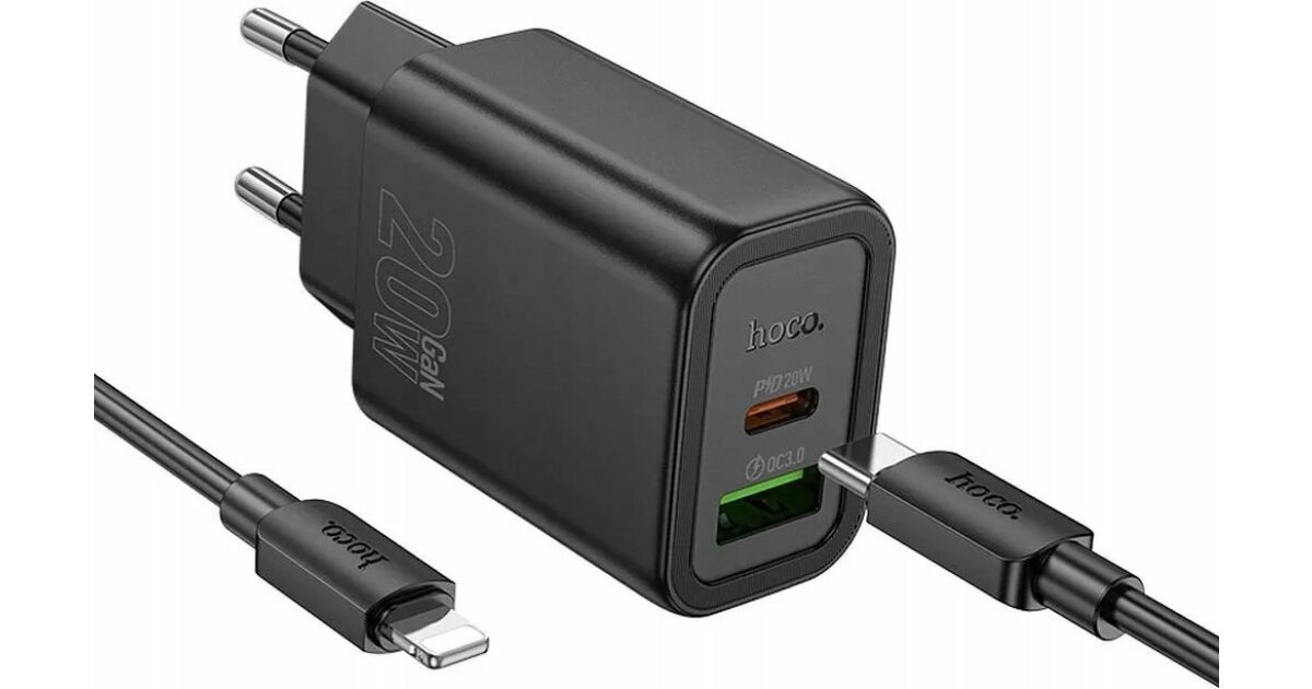 HOCO N61 - USB / Type-C (USB-C) portos fekete hálózati gyors töltőfej, 30W + Type-C / Type-C (USB-C) kábel, 1m 137192141