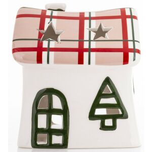 Karácsonyi mécsestartó lámpás fehér házikó piros csíkos tetővel sötét szegélyes ablakokkal asztali dekoráció 13,5x12x11cm 137192274 - Mécsestartó