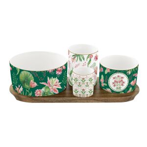 Porcelán kínálótálka szett 4db-os(dia:12/8/6,5/4,5cm),akácfa tálcán 29x13cm, dobozban, Botanic Chic 137192556 - Easy Life Design
