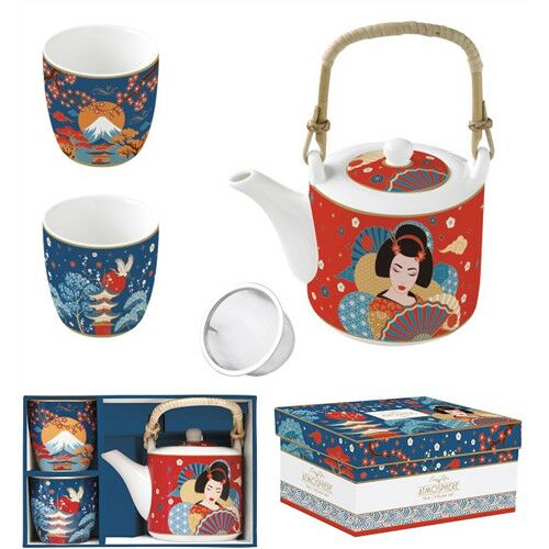 Porcelán teáskanna 600ml, fémszűrővel, 2 porcelánpohárral 160ml, dobozban, Tokyo, Atmosphere 137192598