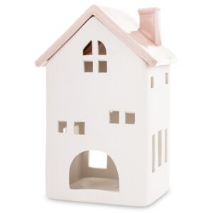 Karácsonyi teamécses tartós fehér kerámia házikó rózsaszín tetővel asztali dekoráció 17x11x9cm 137192947 - Mécsestartó