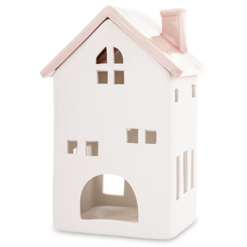Karácsonyi teamécses tartós fehér kerámia házikó rózsaszín tetővel asztali dekoráció 17x11x9cm 137192947