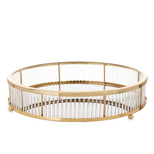 Glamour design kecses kerek sárgaarany fém tálca lábakon üvegfelülettel és díszítéssel 8x35x35cm 137193761