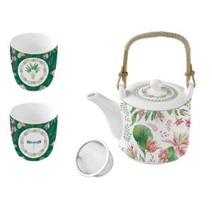 Porcelán teáskanna 600ml, fémszürővel, 2 porcelánpohárral 160ml, dobozban, Botanic Chic 137193920 - Teáskészlet