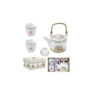 Porcelán teáskanna 600ml, fémszürővel, 2 porcelánpohárral 160ml, dobozban,Spring Bloom 137194420 - Teáskészlet