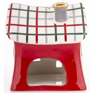 Karácsonyi mécsestartó lámpás piros házikó csillagos tetővel aranyszegélyes ablakokkal asztali dekoráció 17,5x16x13cm 137194720 - Mécsestartó