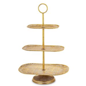 Derby design szögletes arany 3 emeletes aprósütemény kínáló állvány kerek fogantyúval 68x45x28cm 137195201 - Dekortál