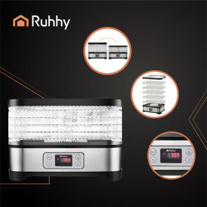 Ruhhy 400W Energiatakarékos gomba-, gyümölcs- és zöldségszárító, 10 liter kapacitás, 5 tálca, rozsdamentes acél