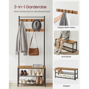 VASAGLE 3-az-1-ben Előszobai Állvány Cipőtartóval és Ülőkével Ipari Stílusban Dióbarna/Fekete 137218769 - Előszoba garnitúra