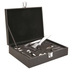 Ibili Weinzubehör-Set in einer schwarzen Aufbewahrungsbox, inklusive Korkenzieher, Thermometer, Folienschneider und Flaschenverschlüsse - Barzubehör