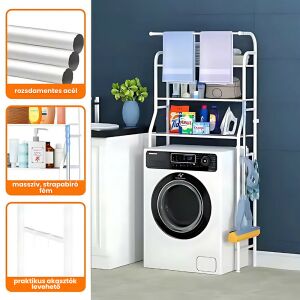 Бял рафт за съхранение над пералня с 3 нива, с поставка за кърпи и аксесоари - Обзавеждане за баня