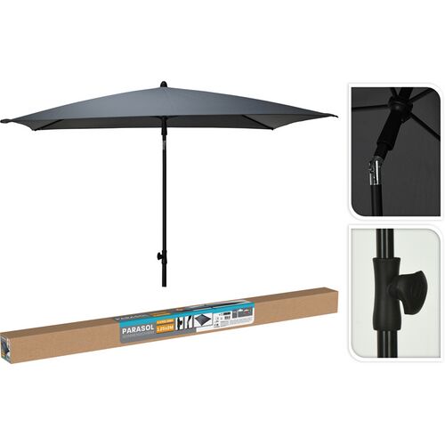 Kollázs a téglalap alakú erkélyernyő jellemzőiről és csomagolásáról