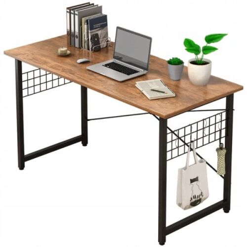 Rustikaler brauner Computertisch mit schwarzem Metallrahmen und Haken