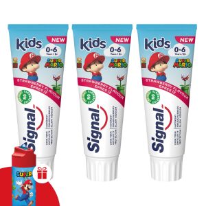 Signal Kids Strawberry Toothpaste 3-pack with Super Mario design and free water bottle - Toothpaste