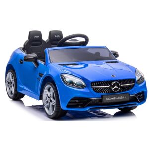 Szögletes nézet a kék Mercedes SLC 300 elektromos kisautóról gyerekeknek - R-Sport