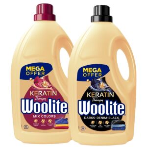 Woolite Keratin Therapy detergent lichid pentru rufe colorate și închise la culoare, 2x4,5L - Gel de spălare, Clătiți și Capsulă de spălare