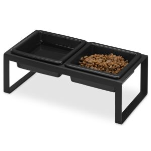 Navaris vyvýšený dvojitý podávač pre mačky, čierny kovový stojan s dvoma keramickými miskami - Miska na kŕmenie a napájanie pre malé zvieratá