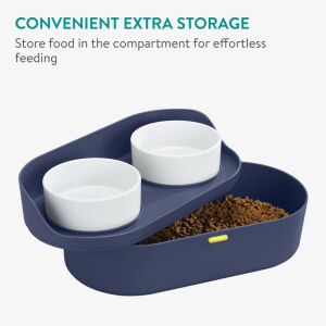 Navaris vyvýšená dvojitá miska pre domáce zvieratá s úložným priestorom, modrá, naplnená jedlom - Miska na kŕmenie a napájanie pre malé zvieratá