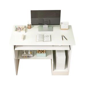 Birou computer alb cu rafturi și suport pentru tastatură - Mobilier de birou