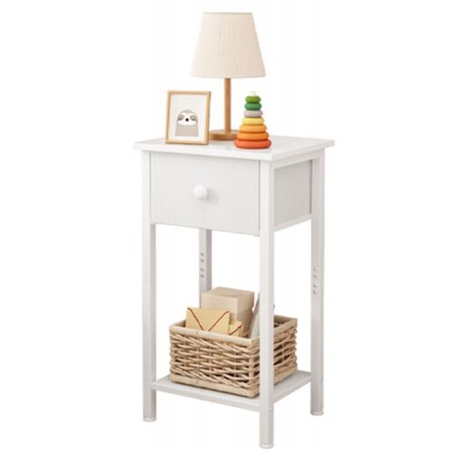 Biała szafka nocna z szufladą i półką do sypialni lub salonu