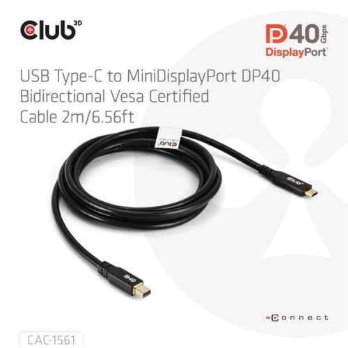 CLUB3D CAC-1561 DisplayPort kábel 2 M Mini DisplayPort USB C-típus Fekete