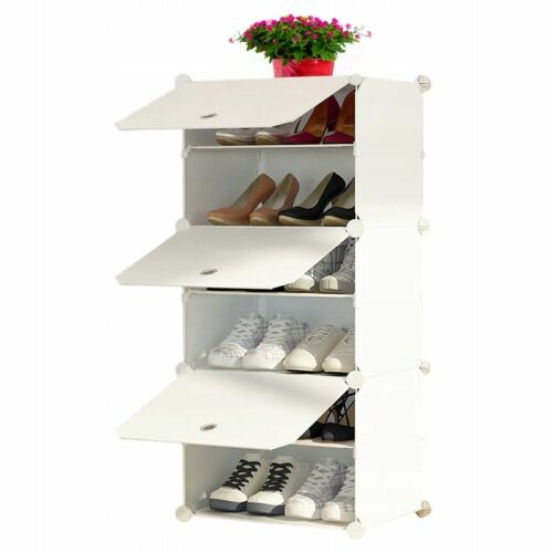 Dulap modular alb pentru pantofi cu rafturi deschise care prezintă diverși pantofi.