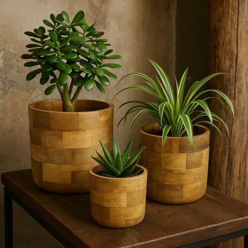 Zestaw 3 masek doniczkowych z drewna mango, kolekcja H&S – wymiary 25,5 x 23 cm, 20 x 19,5 cm, 14,5 x 15 cm 137313730