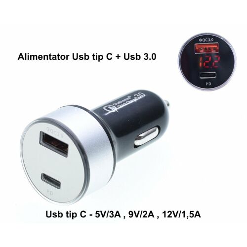 Incarcator Auto Qualcom Usb 3.0 + PD-Usb tip C 137319499