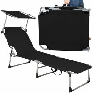 Springos black folding sun lounger with canopy and carry handle - Springos