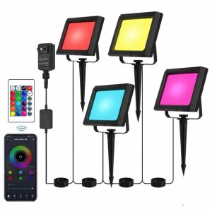 Zestaw 4 inteligentnych reflektorów LED RGB ze sterowaniem aplikacją, pilotem i szpilkami do ziemi - Zewnętrzna lampa dekoracyjna