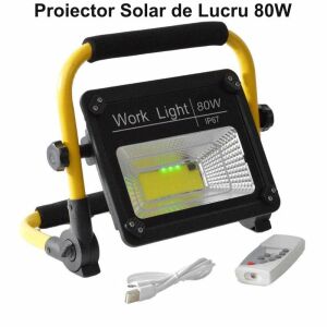 Proiector Solar 80W IP67, przenośna solarna lampa robocza z pilotem i kablem USB - Zewnętrzna lampa dekoracyjna