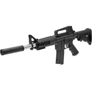 Játékpuska, tartóállvánnyal, fémből és műanyagból, elülső fogantyúval és csőhosszabbítóval, fekete